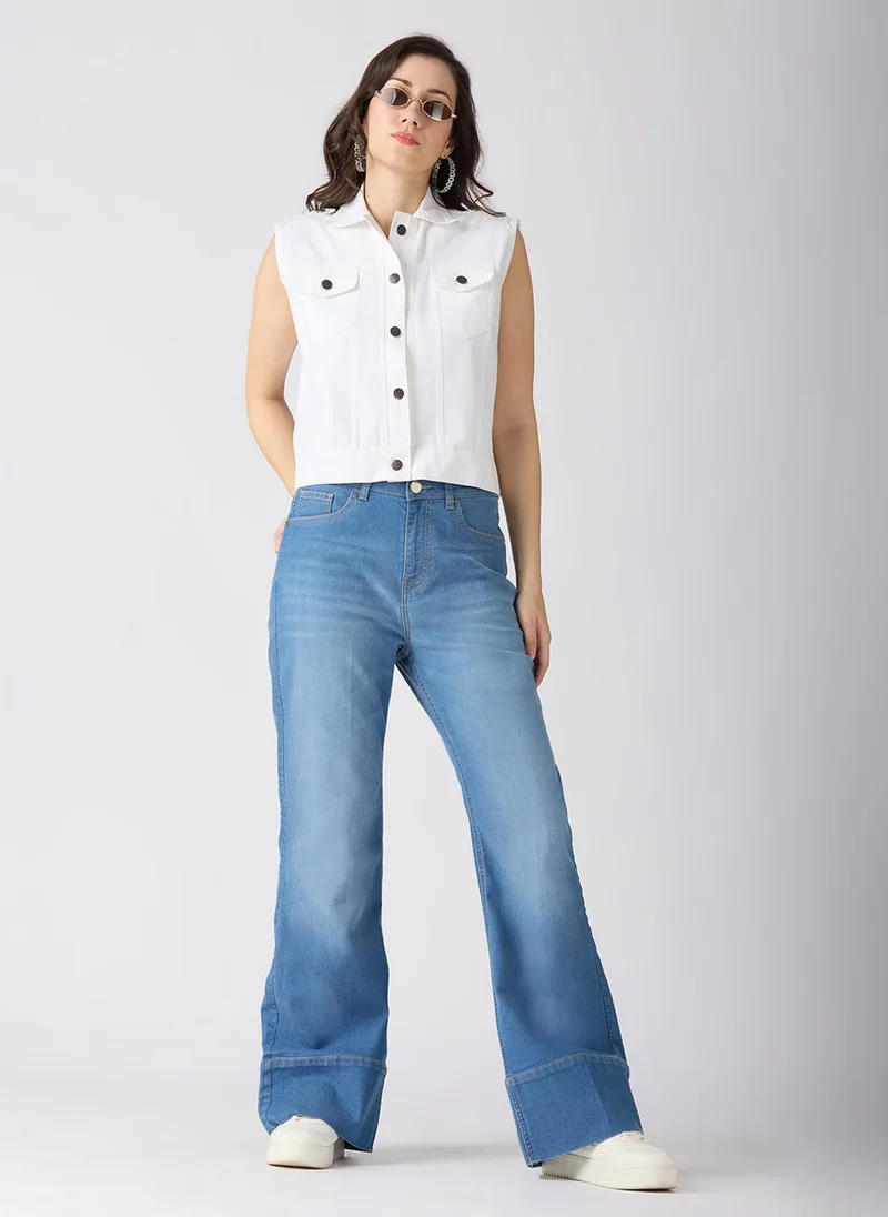 جلو باص جينز نسائي قطن مطاطي بقصة واسعة من الأسفل